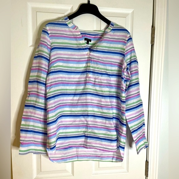Talbots Tops - TALBOTS LINEN POPOVER STRIPED TUNIC BLOUSE - Medium